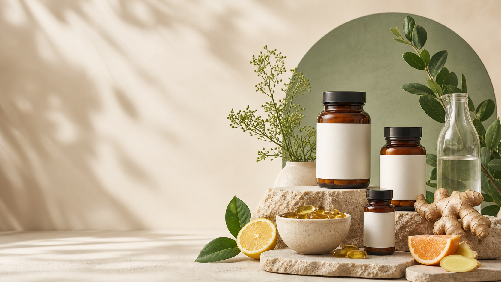 Amber wellness bottles, botanicals and citrus in a sunlit studio