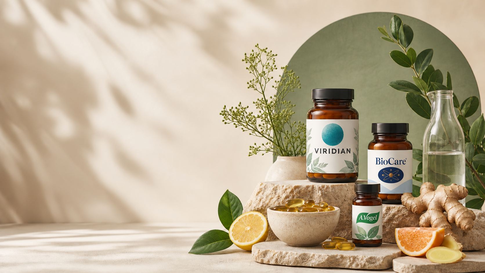 Amber wellness bottles, botanicals and citrus in a sunlit studio