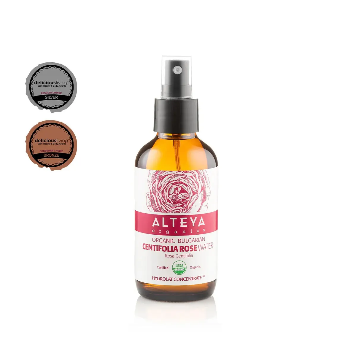 Organic Bulgarian Centifolia Rose Water 120ml Amber Glass Spray Bottle